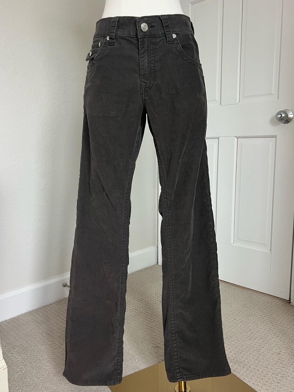 True Religion Men's 32 Corduroy Straight Leg Jeans Gray With Flap Pocket Y2K